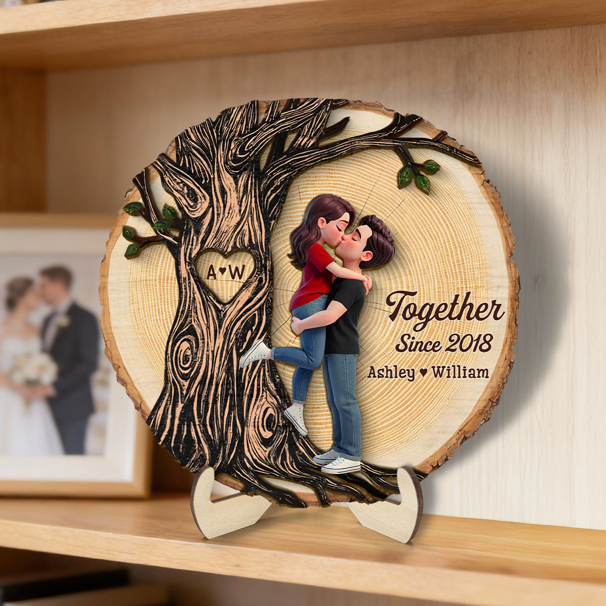 Couple Hugging Kissing Beside Eternal Tree Of Love - Personalized 2-Layered Wooden Plaque - Gift For Couple