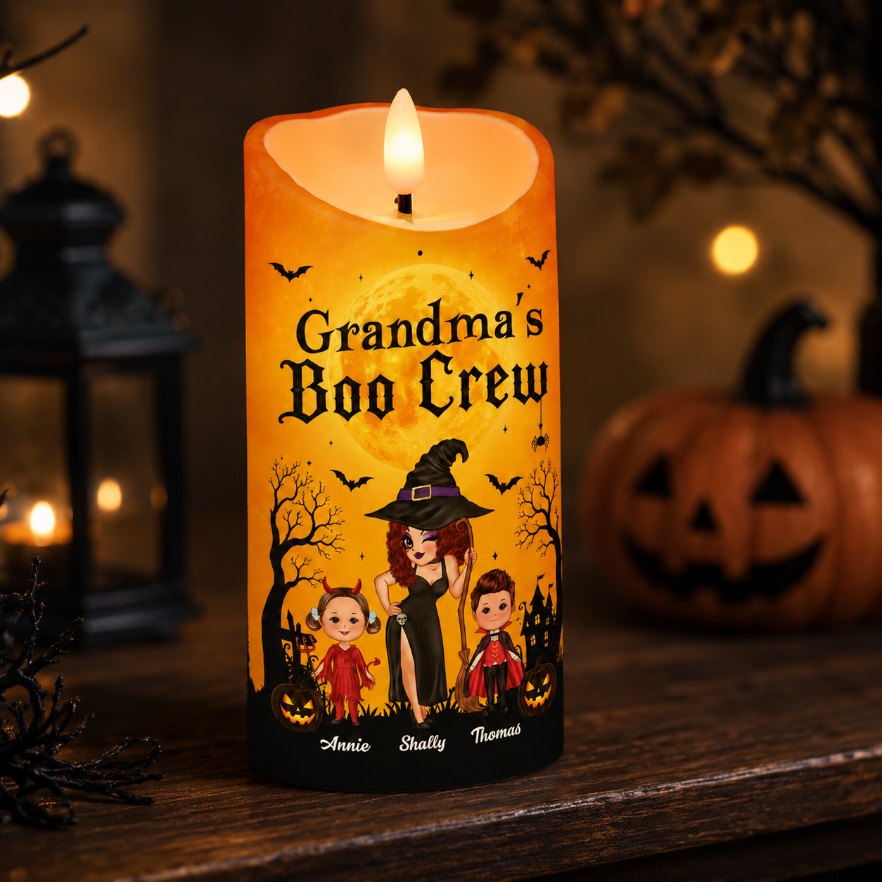 Grandma's Boo Crew Grandma Pretty Witch & Kids - Personalized LED Candle - Perfect Halloween Decor for Grandma