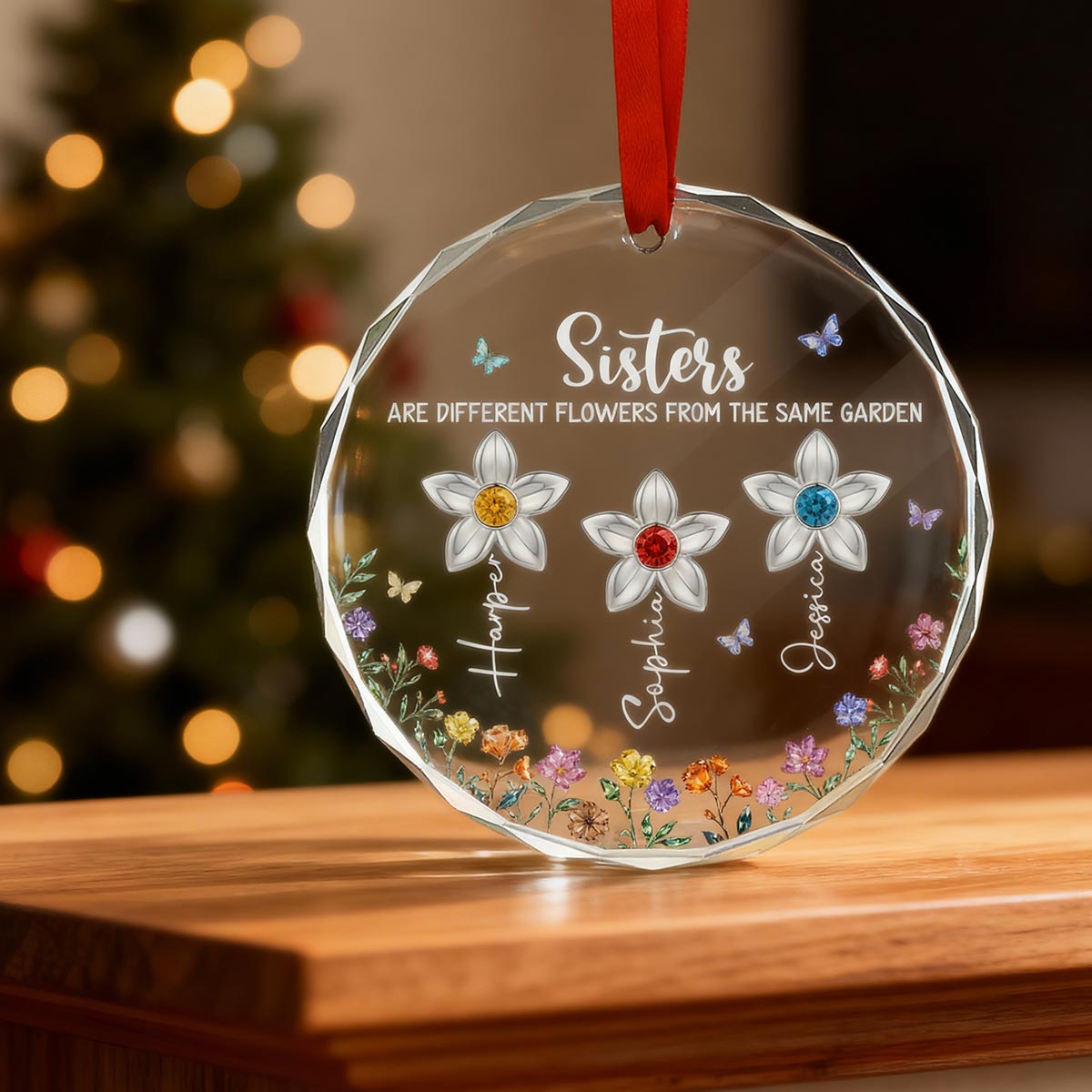 3D Birthstone Effect Custom Color Sisters Different Flowers From Same Garden - Personalized Glass Ornament - Gift For Sisters