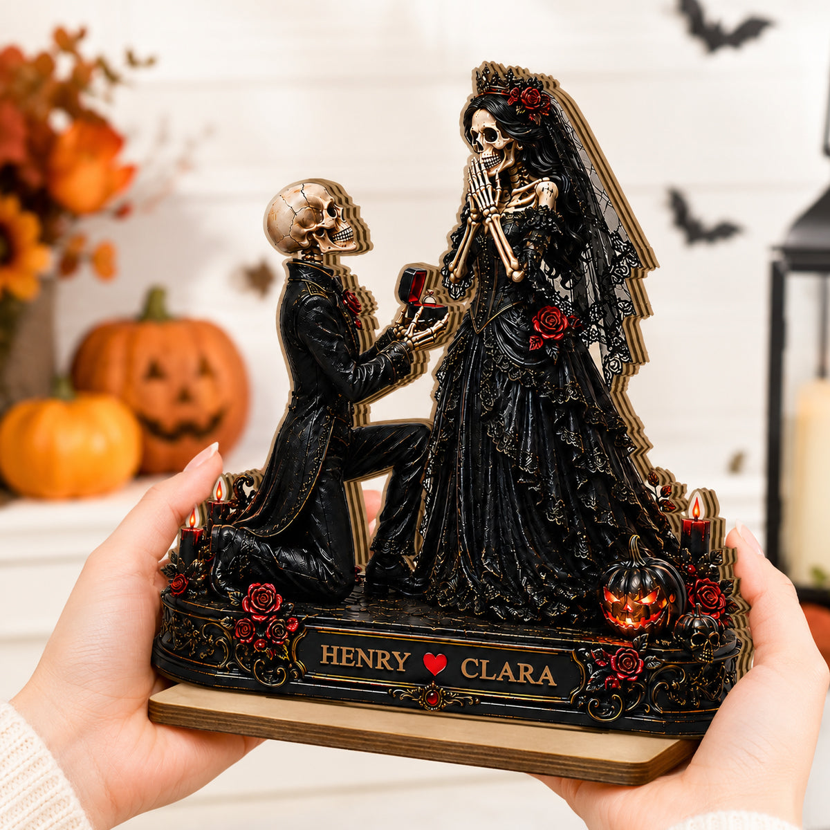 Skeleton Couple Marriage Proposal - Personalized 2-Layered Wooden Plaque - Halloween Decor Gift, Gift For Couple