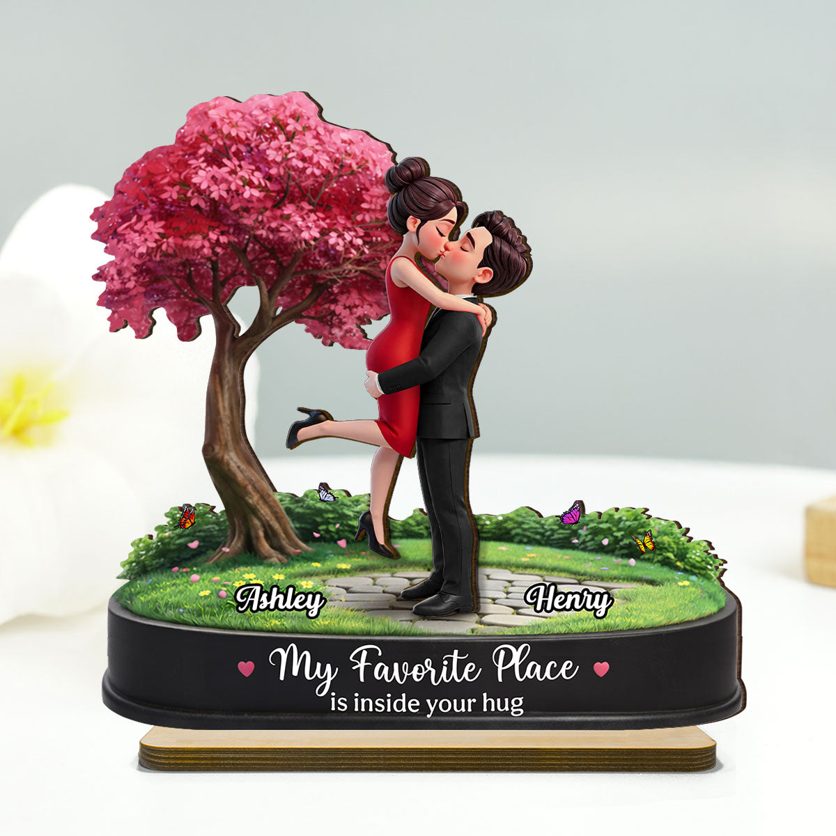 My Favorite Place is Inside Your Hug Couple Kissing - Personalized 2-Layered Wooden Plaque - Valentine's Day Gift for Her, for Him