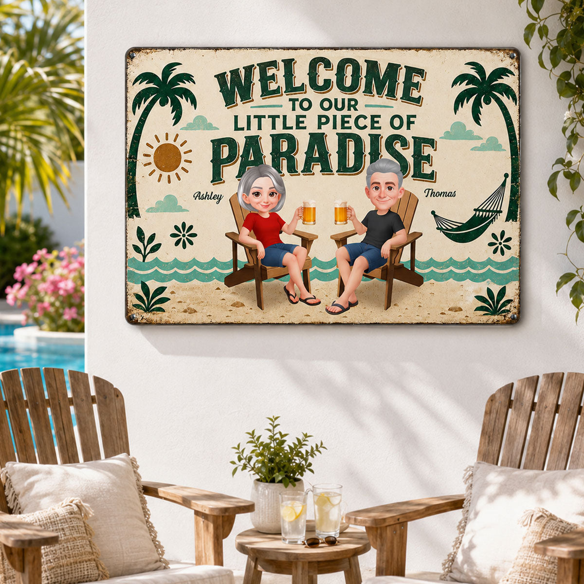 Couple Welcome To Our Little Piece Of Paradise - Personalized Metal Sign - Summer Pool Patio Decoration