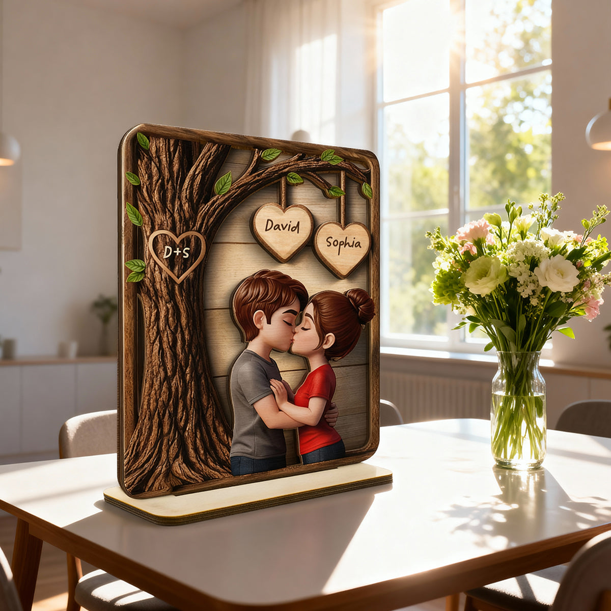 Loving Couple Kissing Under Tree - Personalized 2-Layered Wooden Plaque - Sentimental Valentine's Day Gift for Her, for Him