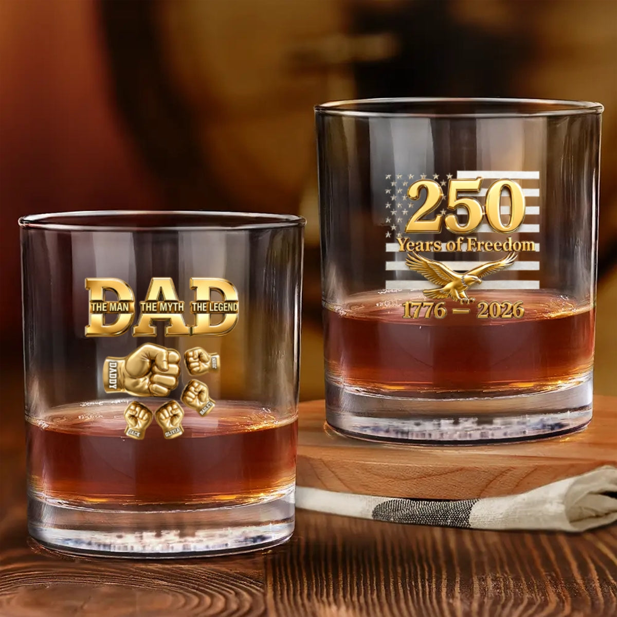 USA 250th Anniversary Daddy's Team Fist Bump - Personalized Whiskey Glass - Father's Day Gift for Dad, Husband