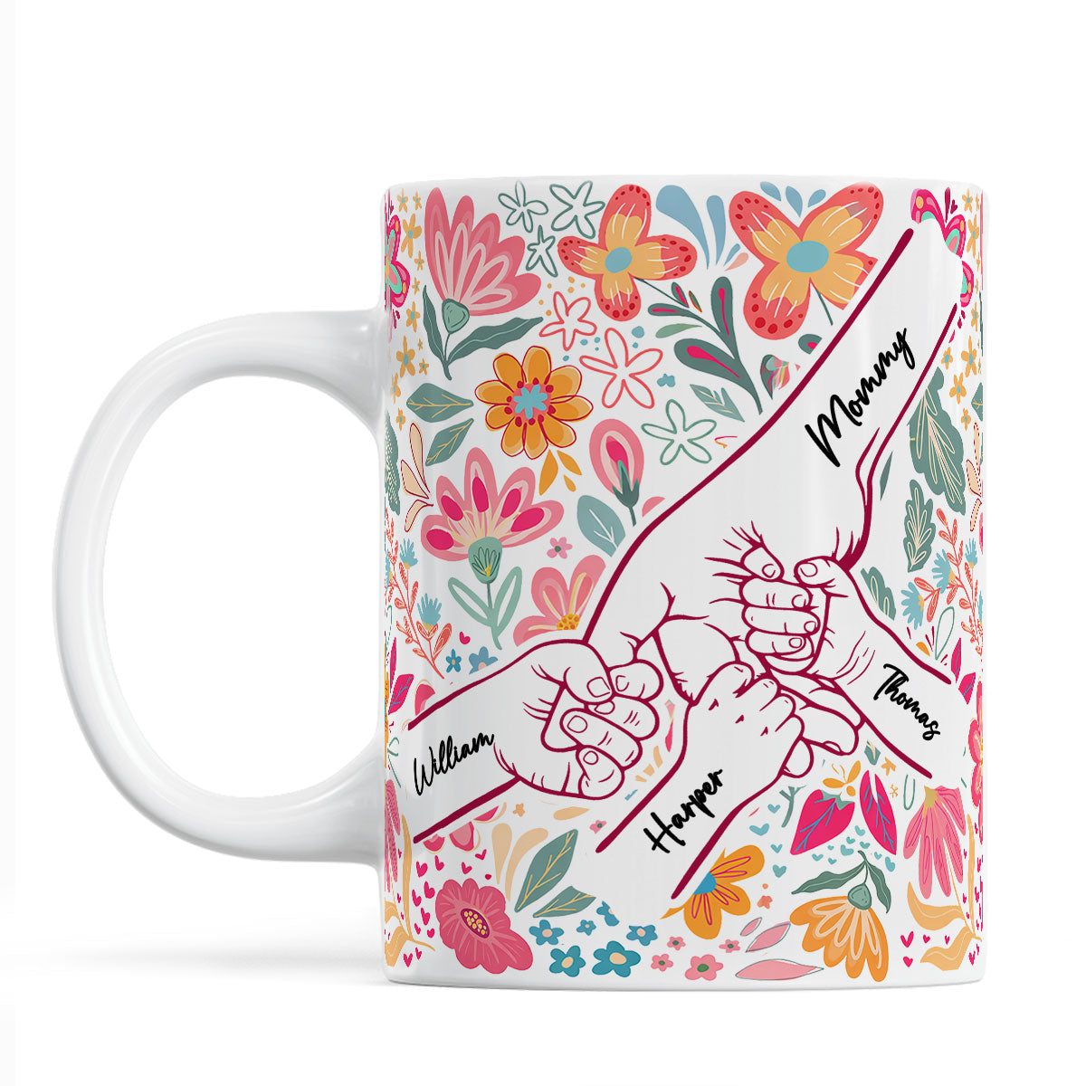 Kids Holding Hand Outline Floral Boho - Personalized Mug - Mother's Day Gift For Mom Grandma
