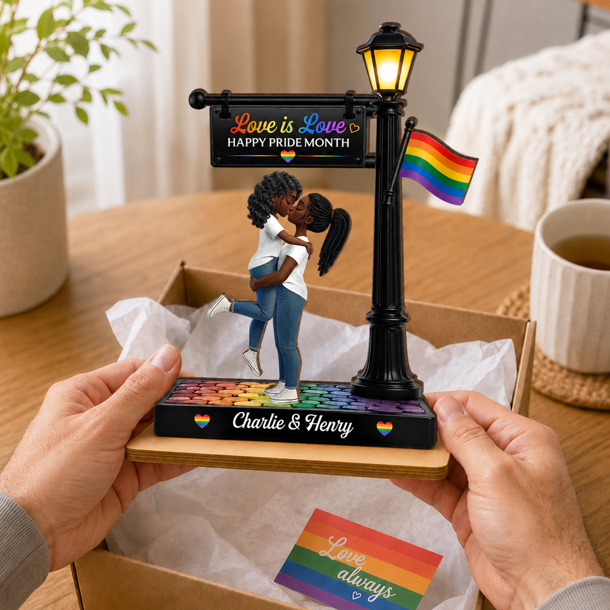 LGBT Couple Under Lamp Post - Personalized 2-Layered Wooden Plaque - Gift For Couple, Happy Pride Month