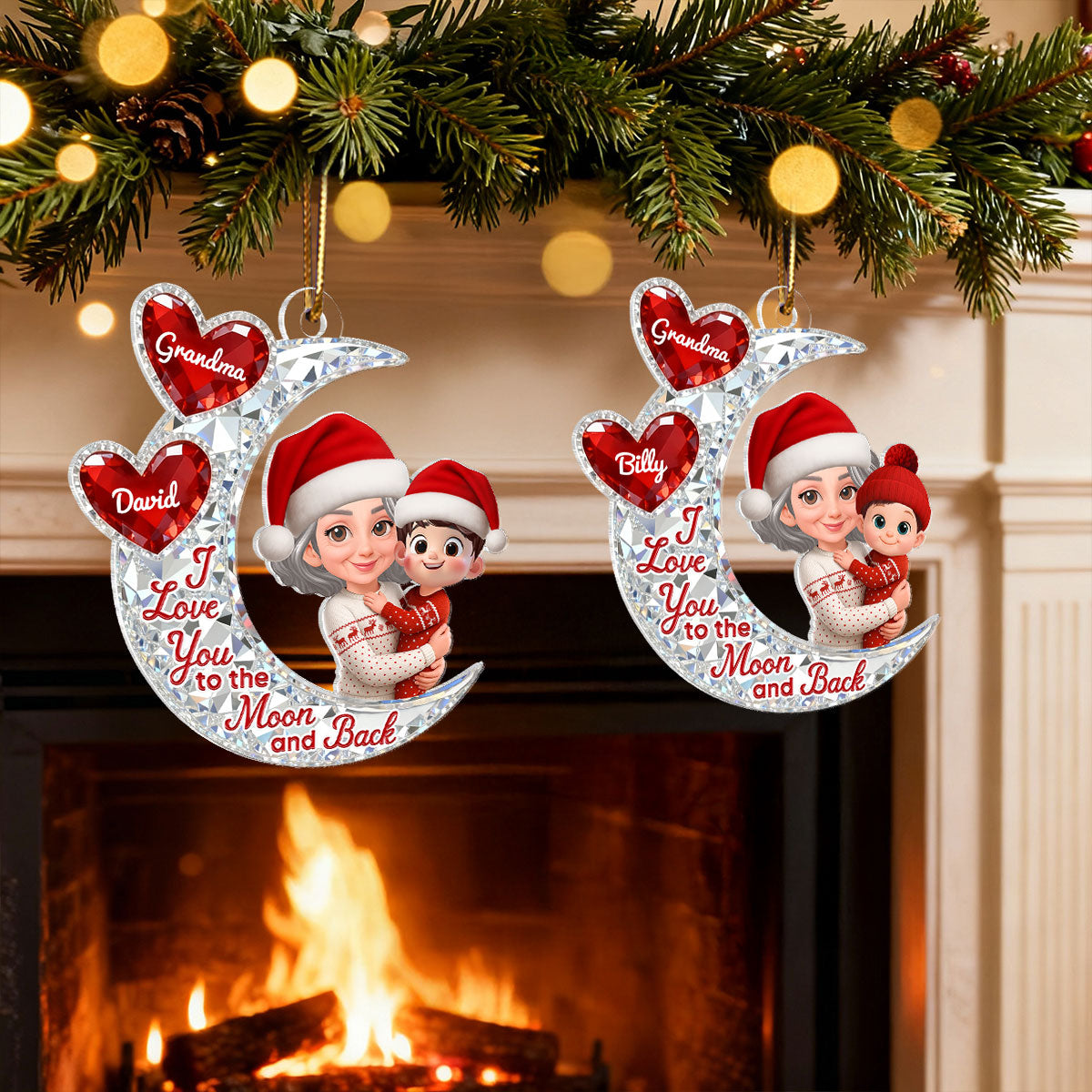 3D Effect Flat Moon Grandma Grandkid Love You To The Moon And Back - Personalized Acrylic Ornament - Christmas Gift For All Grandkids