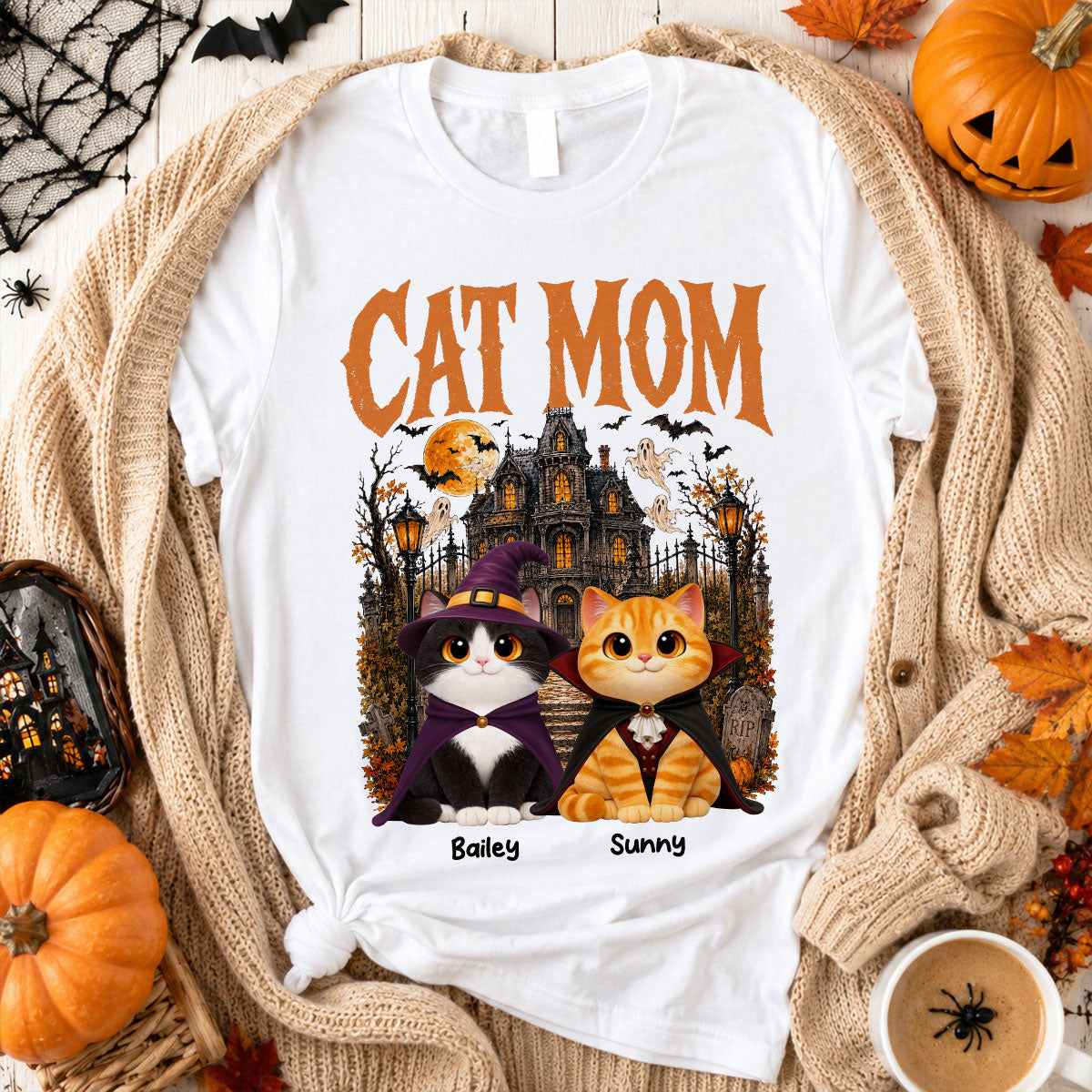 Retro Vintage Halloween Haunted House Cat Mom - Personalized Shirt - Halloween Gift For Cat Lovers