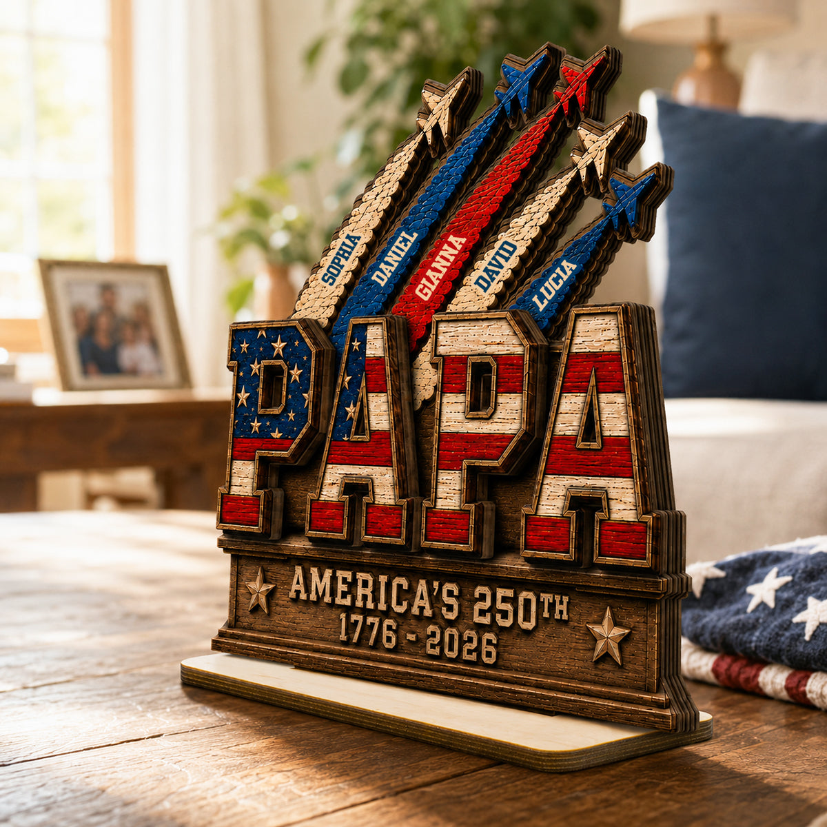 Dad Grandpa Nation Flag American 250th Anniversary - Personalized Wooden Plaque -  Gift For Dad, Grandpa