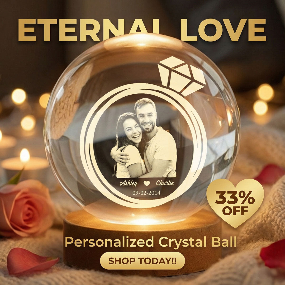 Eternal Love Custom Couple Photo Inside Ring - Personalized Crystal Ball LED Night Light - Valentine's Day Gift For Couple, For Her, For Him