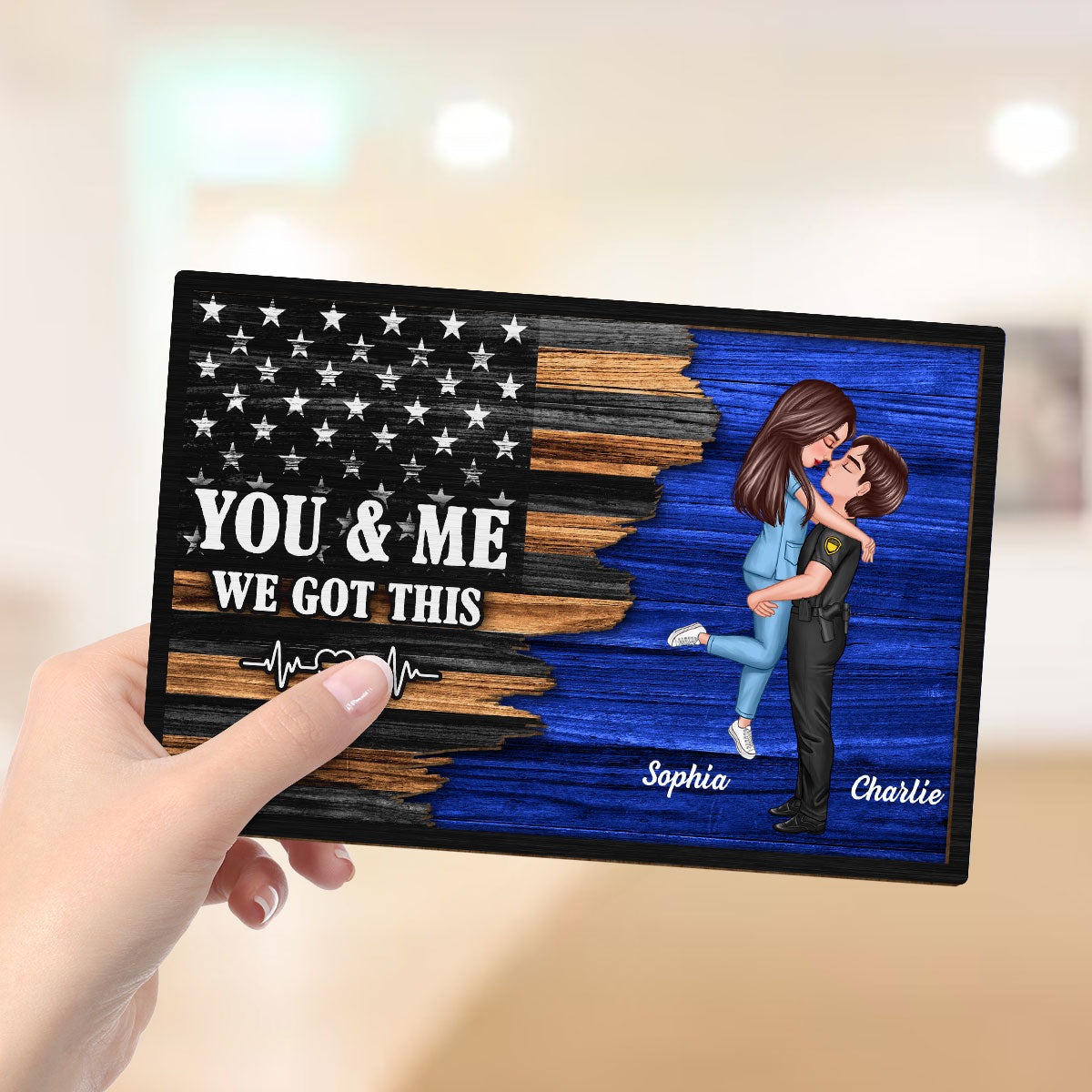 Saving Lives Together Hero Couple Half Flag Gifts by Occupation Gift For Her Gift For Him Firefighter, Nurse, Police Officer Personalized 2-Layer Wooden Plaque