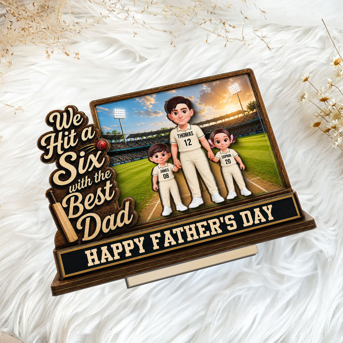 Hit A Six With The Best Dad Cricket Dad & Kids On Field 2D Flat - Personalised 2-Layered Wooden Plaque -  Gift For Husband, Dad