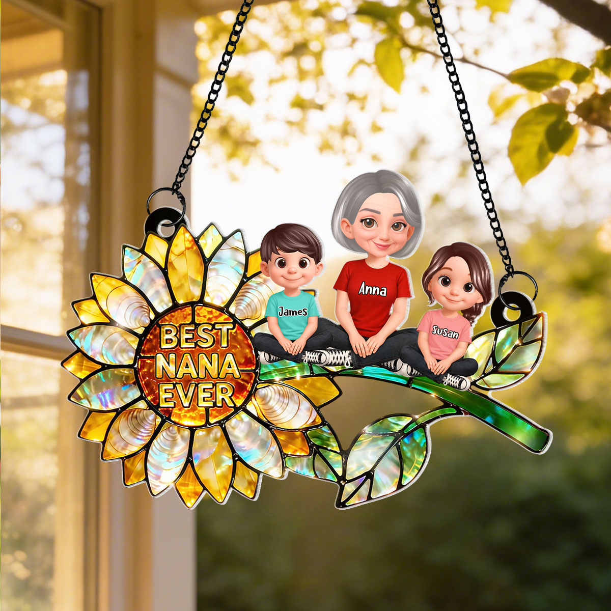 Sunflower Grandma and Grandkids Sitting - Personalized Window Hanging Suncatcher - Mother's Day Gift for Mom, Wife