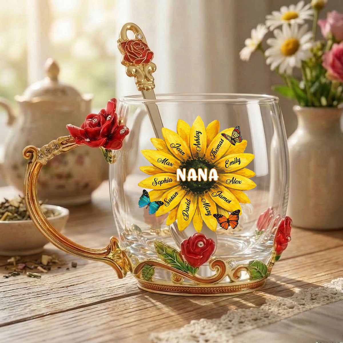 Grandma Sunflower Custom Kids Names - Personalized Enamel Flower Tea Cup - Gift For Grandma, Mom