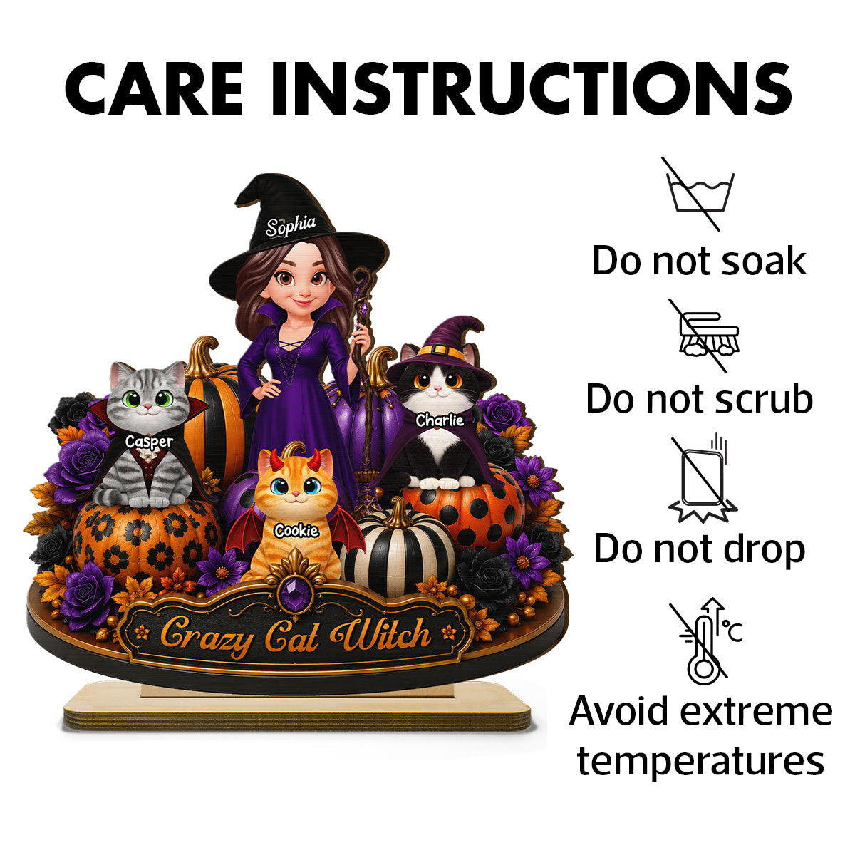 Crazy Cat Witch 2D Flat - Personalized Wooden Plaque - Halloween Decoration.
