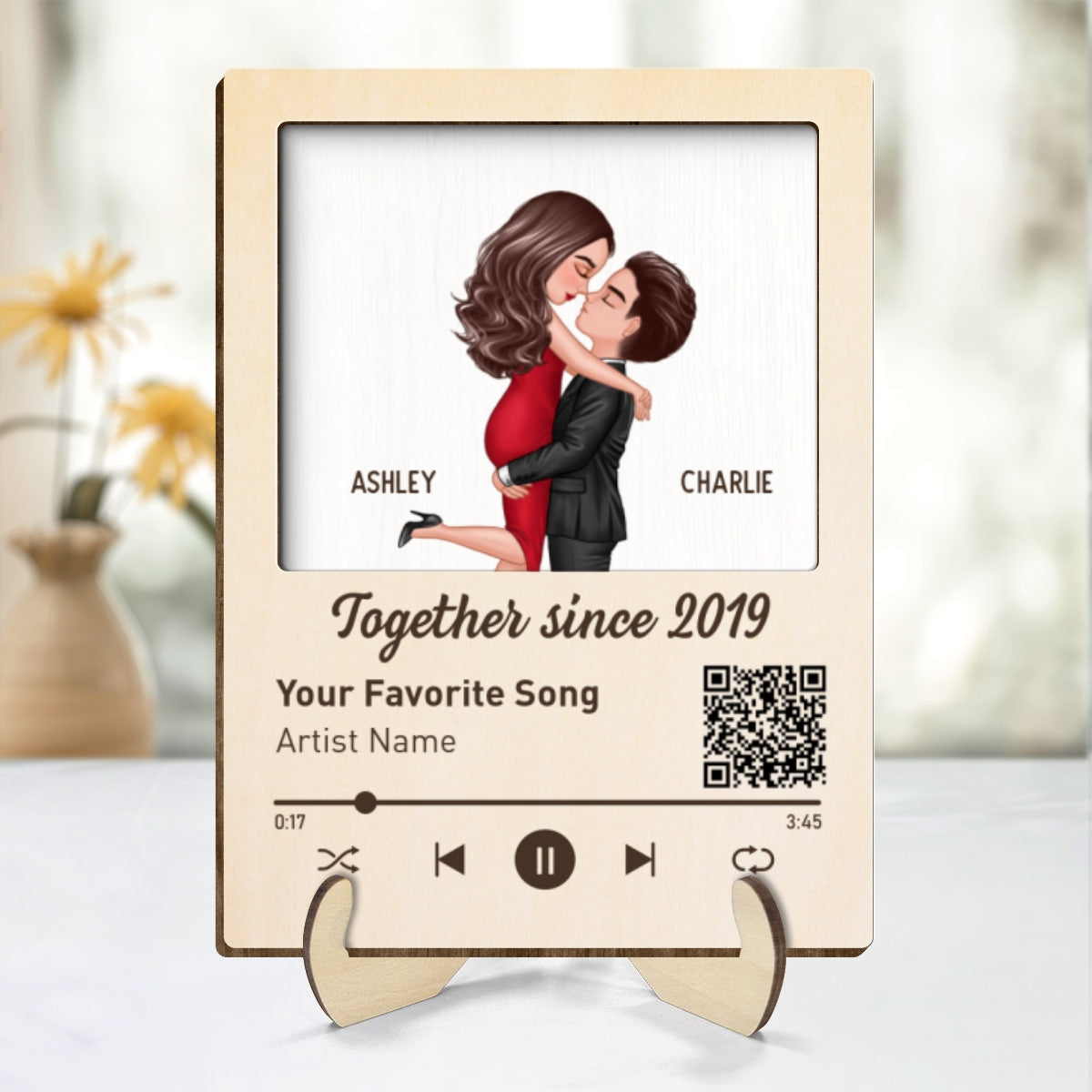 Couple Kissing Favorite Song QR Code  Gift Personalized 2-layer Wooden Plaque