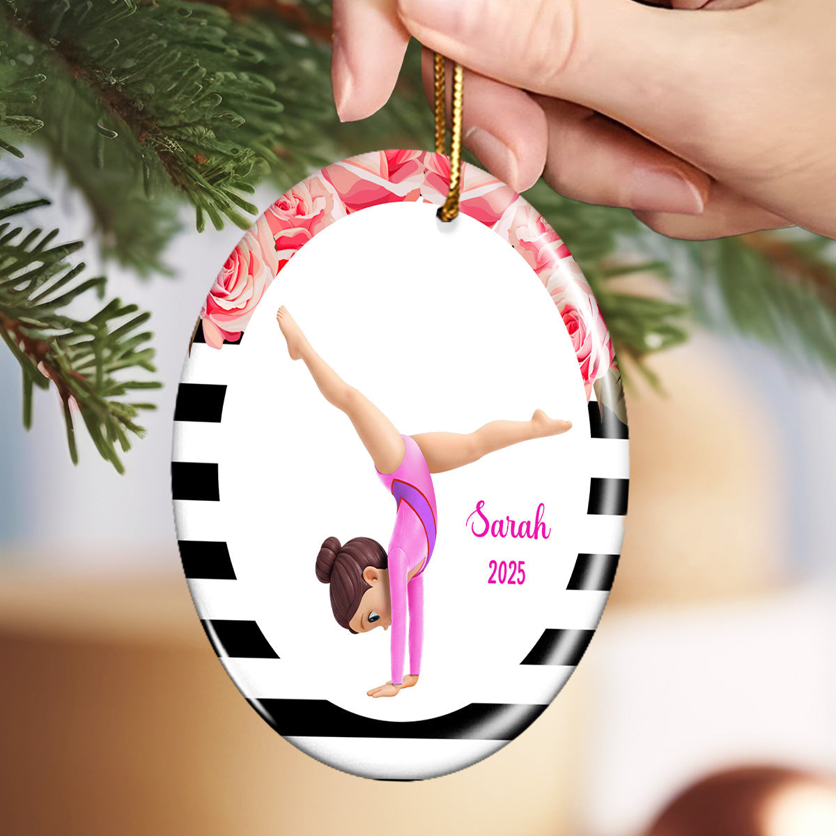 Floral Frame Gymnastic Girl - Personalized Ceramic Ornament - Gymnast Gift For Daughter, Granddaughter