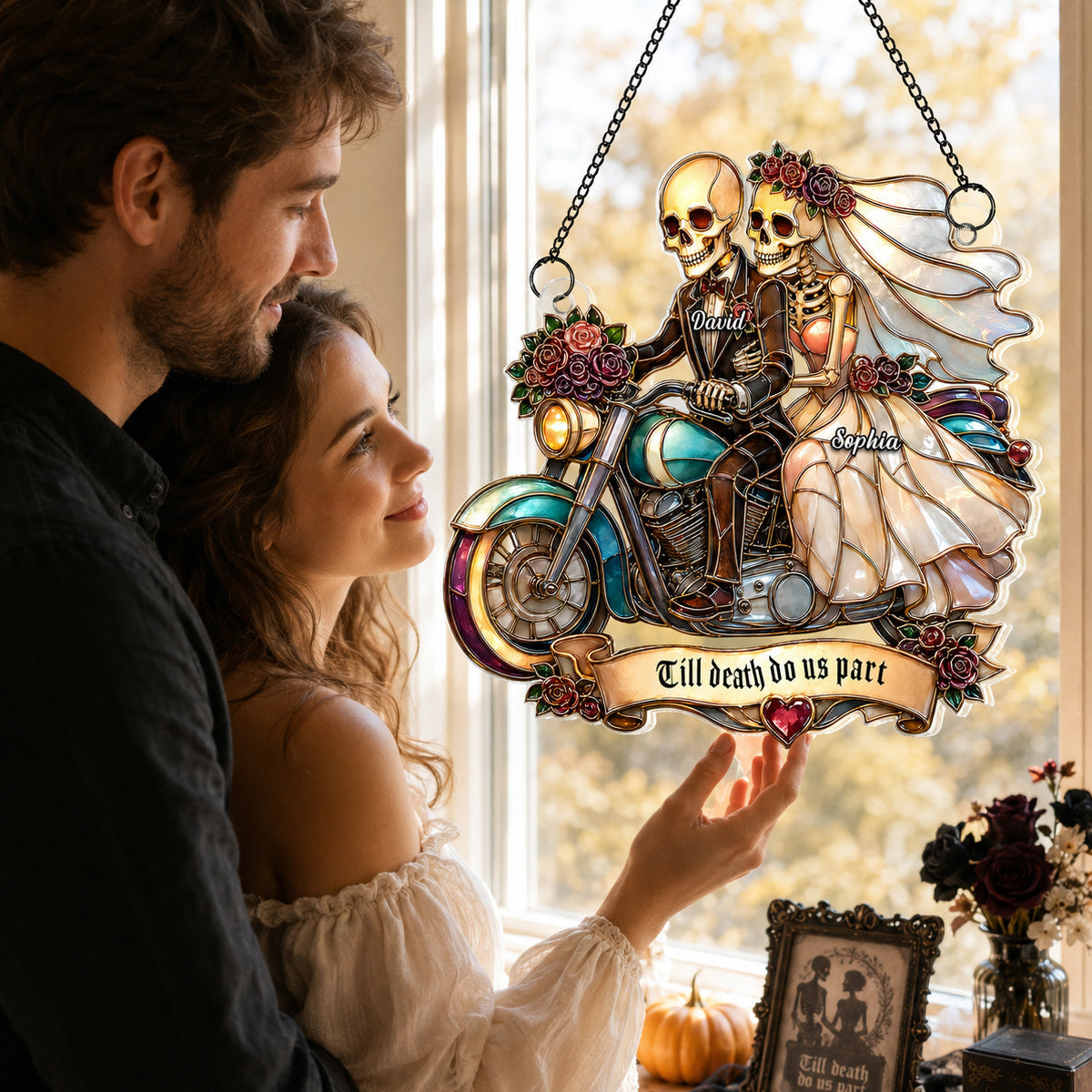 Just Married Skeleton Couple Halloween - Personalized Acrylic Window Hanging - Halloween Decor Gift, Gift For Couple