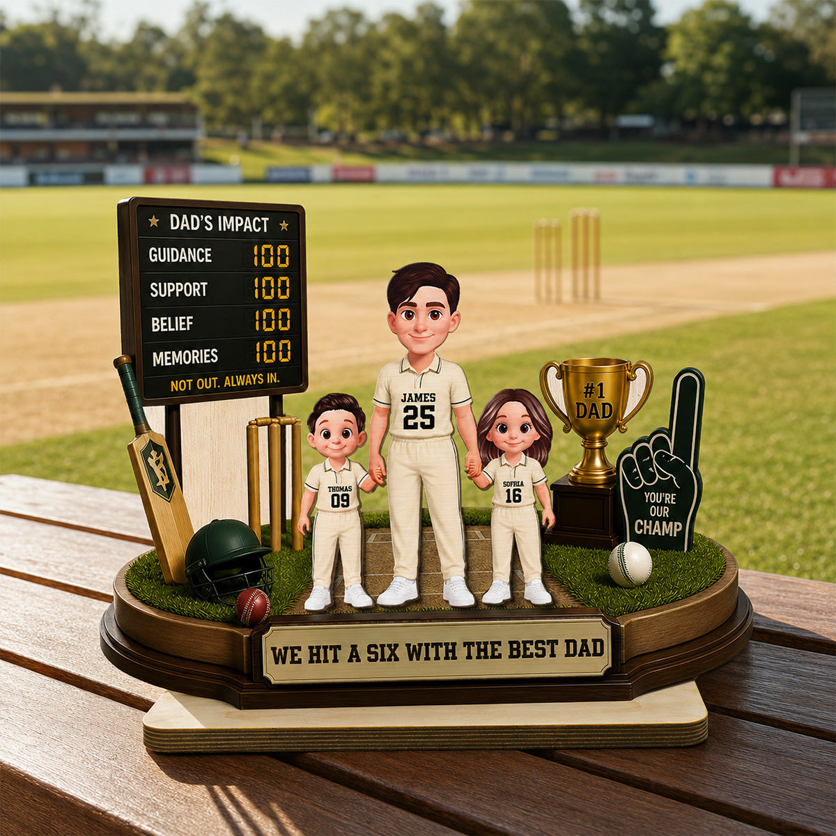 Hit A Six With The Best Dad Cricket Dad & Kids - Personalised 2-Layered Wooden Plaque -  Gift For Husband, Dad