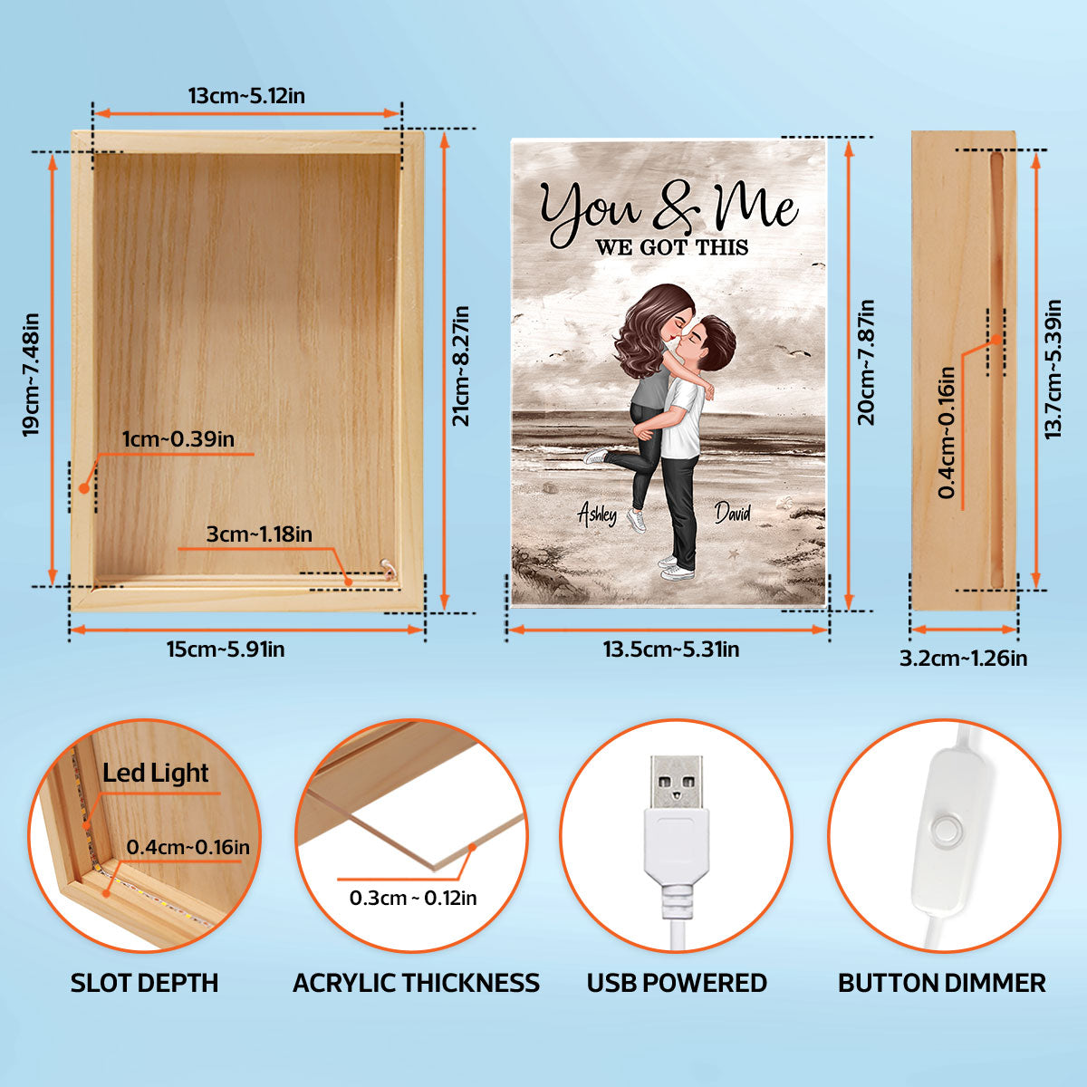 Retro Vintage Couple Hugging Kissing Beach Landscape Personalized Wooden Frame Light Box