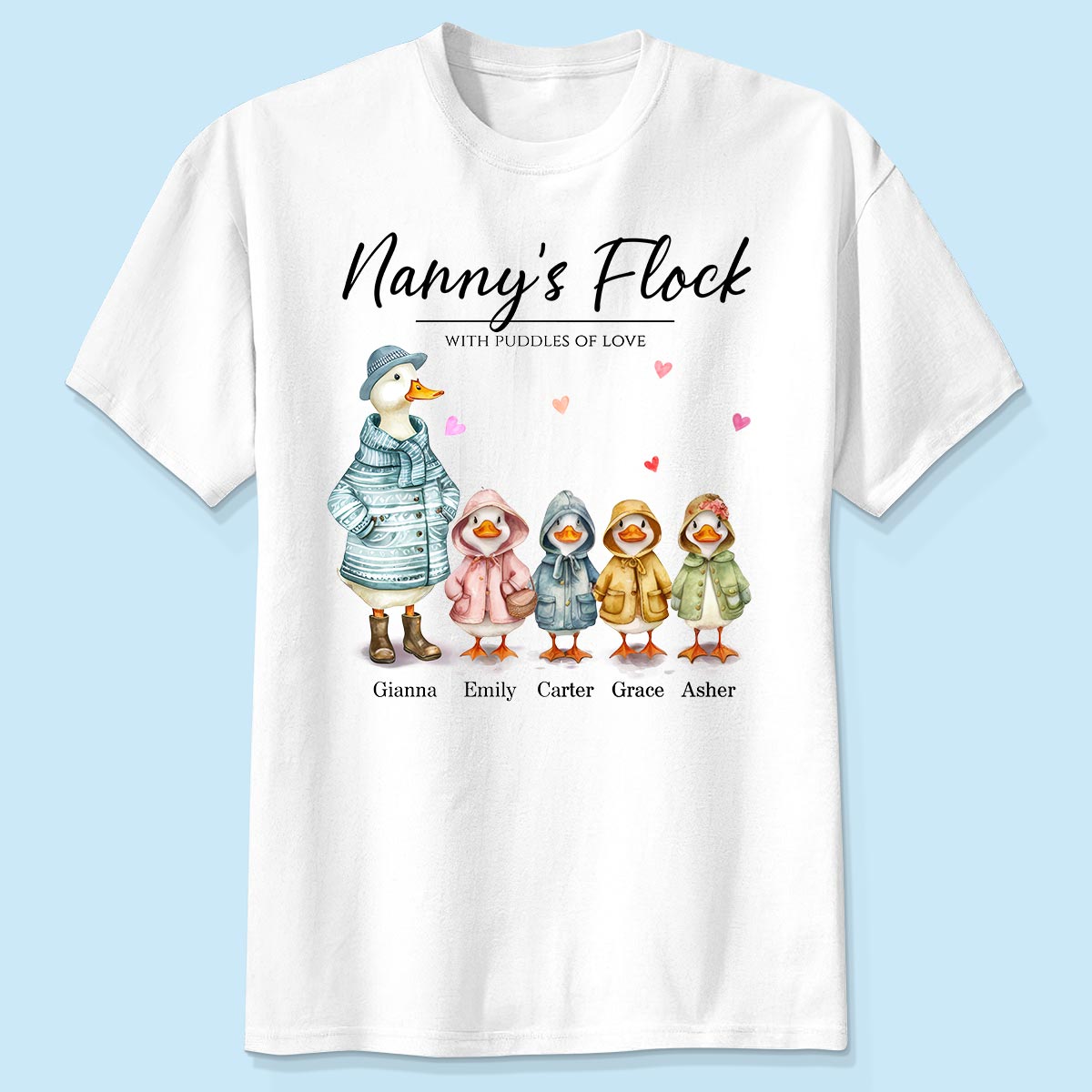 Nanny's Flock Gift For Grandma Nana Grammy Cute Watercolor Ducks Personalised Shirt, Mother's Day Gift