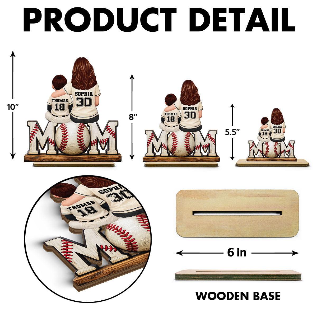 Baseball Mom and Kids Sitting Back View - Personalized 2-Layered Wooden Plaque - Heartfelt Gift for Mom