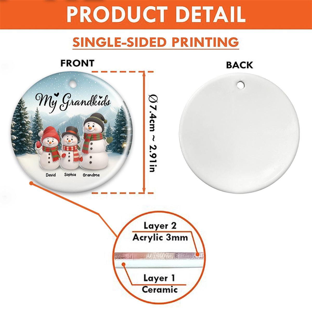 Grandma Grandkids Snowman - Personalized Ceramic Ornament with Acrylic - Unique Christmas Gift for Grandma