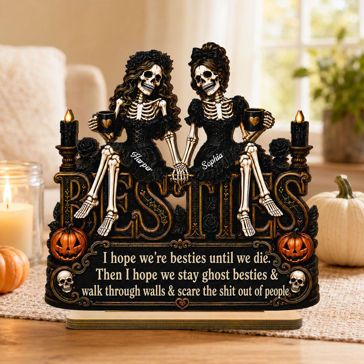 Skeleton Besties Sitting On Word 2D Flat - Personalized 2-Layered Wooden Plaque - Funny Work Bestie Gift, Halloween Keepsake For Best Friends