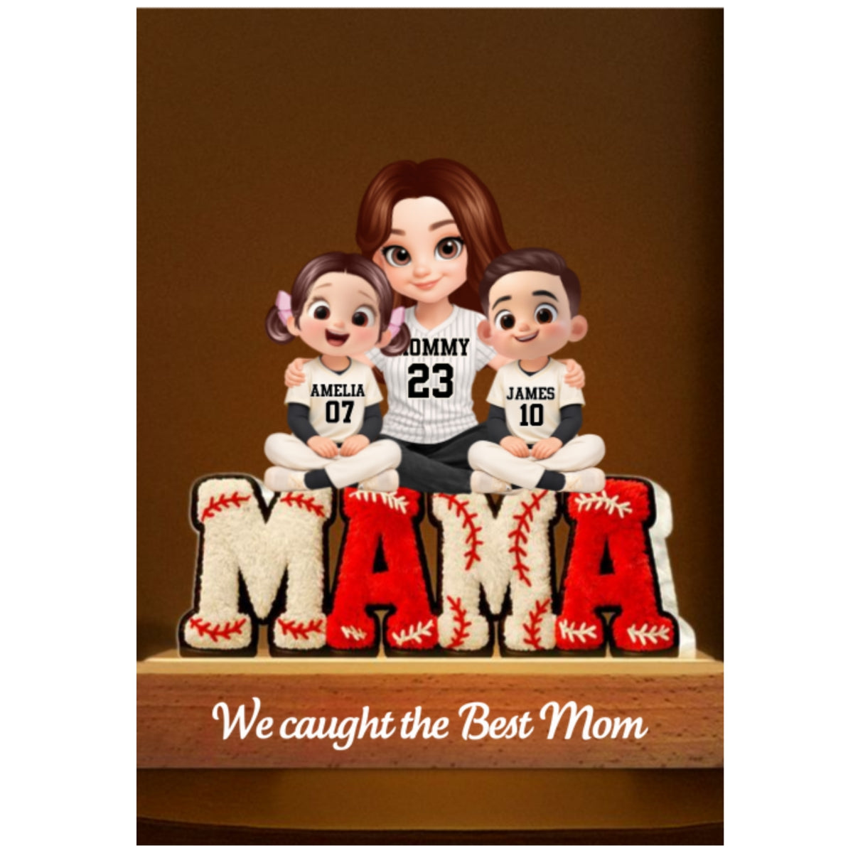 Mama Baseball And Kids - Personalized Acrylic Block LED Night Light - Heartfelt Gift For Mom, Grandma