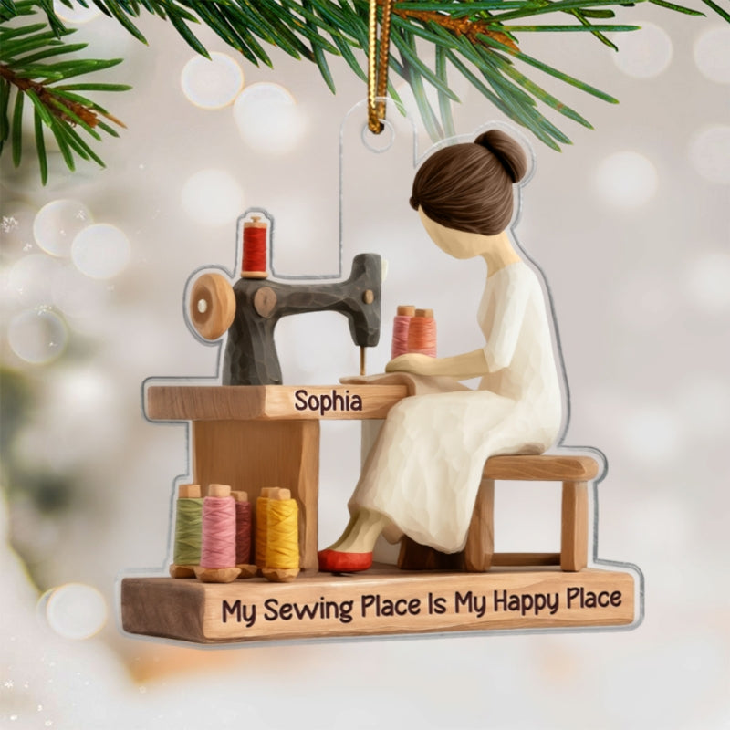 My Sewing Place Is My Happy Place 3D Effect - Personalized Acrylic Ornament