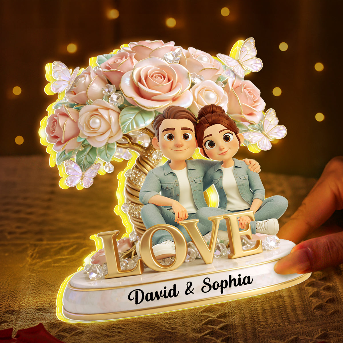 Pink Rose Couple Sitting on LOVE - Personalized Light Box - Heartfelt Valentine's Day Gift for Her, for Him