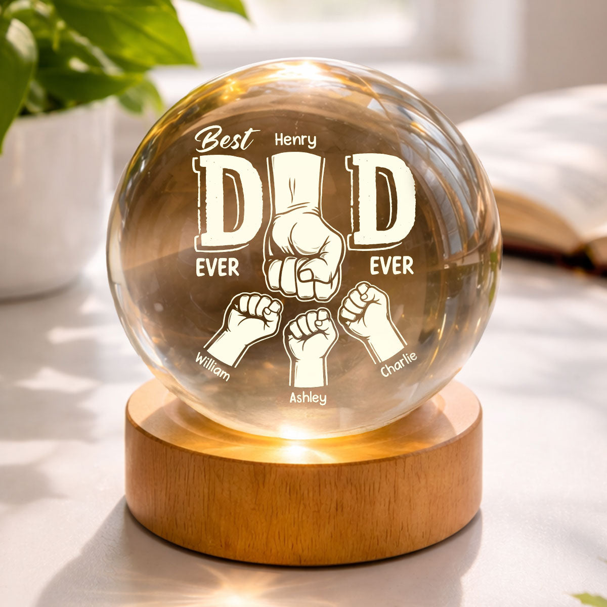Best Dad Ever Fist Bump - Personalized Crystal Ball LED Night Light - Heartfelt Gift for Dad, Husband