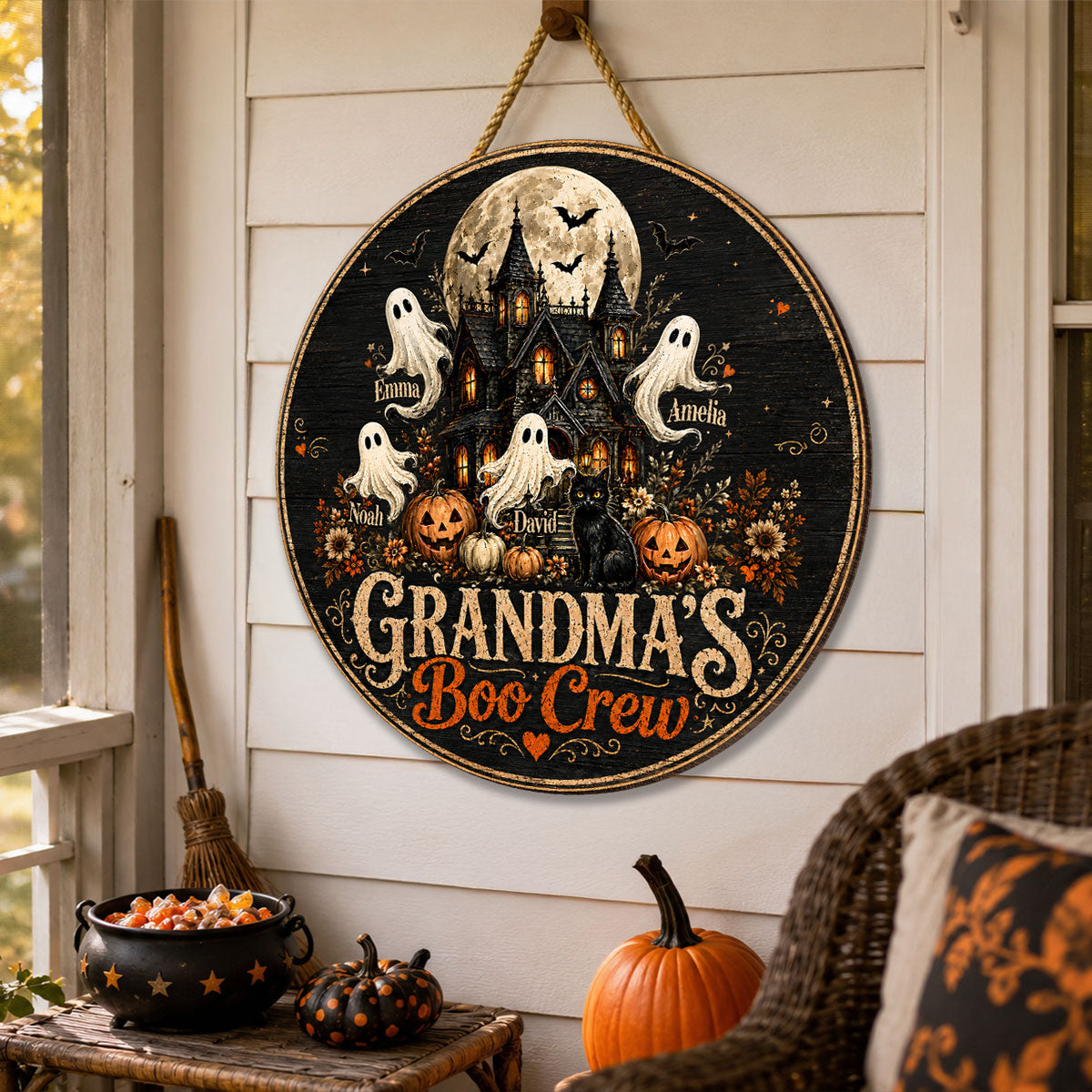 Grandma's Boo Crew Halloween Haunted House - Personalized Wooden Door Sign - Halloween Decor for Grandma