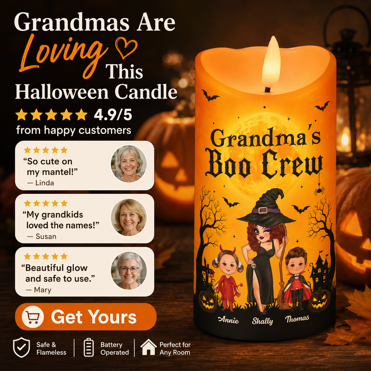 Grandma's Boo Crew Grandma Pretty Witch & Kids - Personalized LED Candle - Perfect Halloween Decor for Grandma