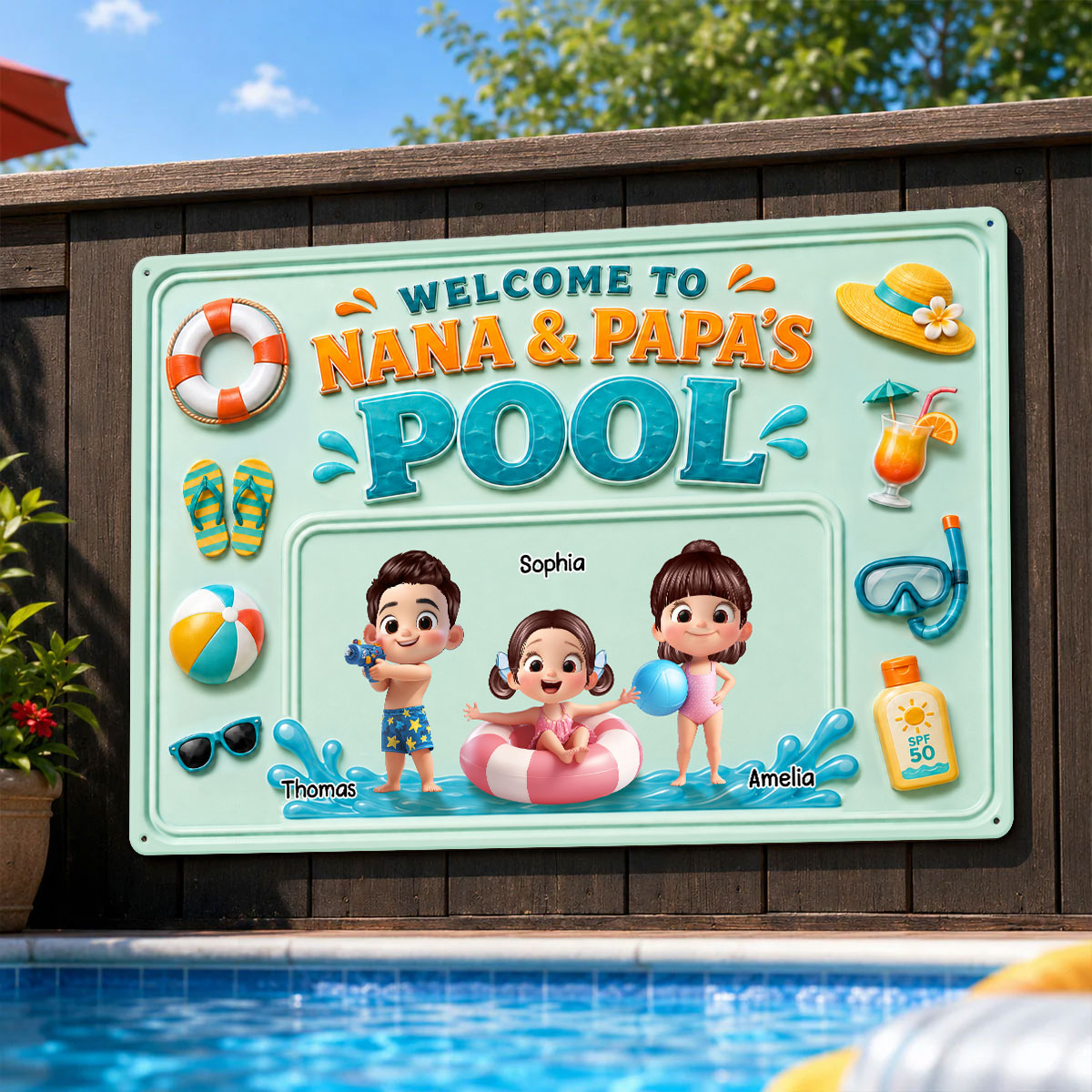 Nana & Papa's Poolside With Kids - Personalized Metal Sign - Gift For Kids, Grandparents, Summer Decorations