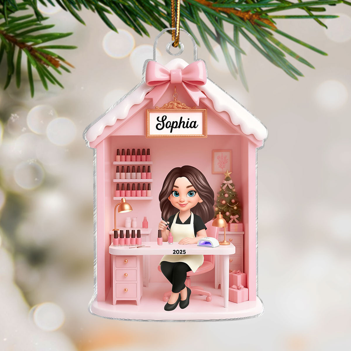 3D Effect Christmas Nail Technician In Salon - Personalized Acrylic Ornament - Gift For Nail Technician, Nails Decor, Beauty Salon, Woman, Girl