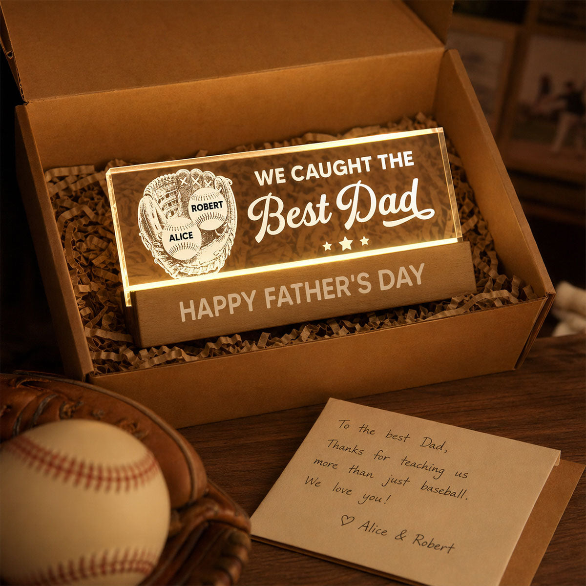 Baseball In Baseball Glove We Caught The Best Dad - Personalized Acrylic Block LED Night Light - Father's Day Gift For Baseball Dad