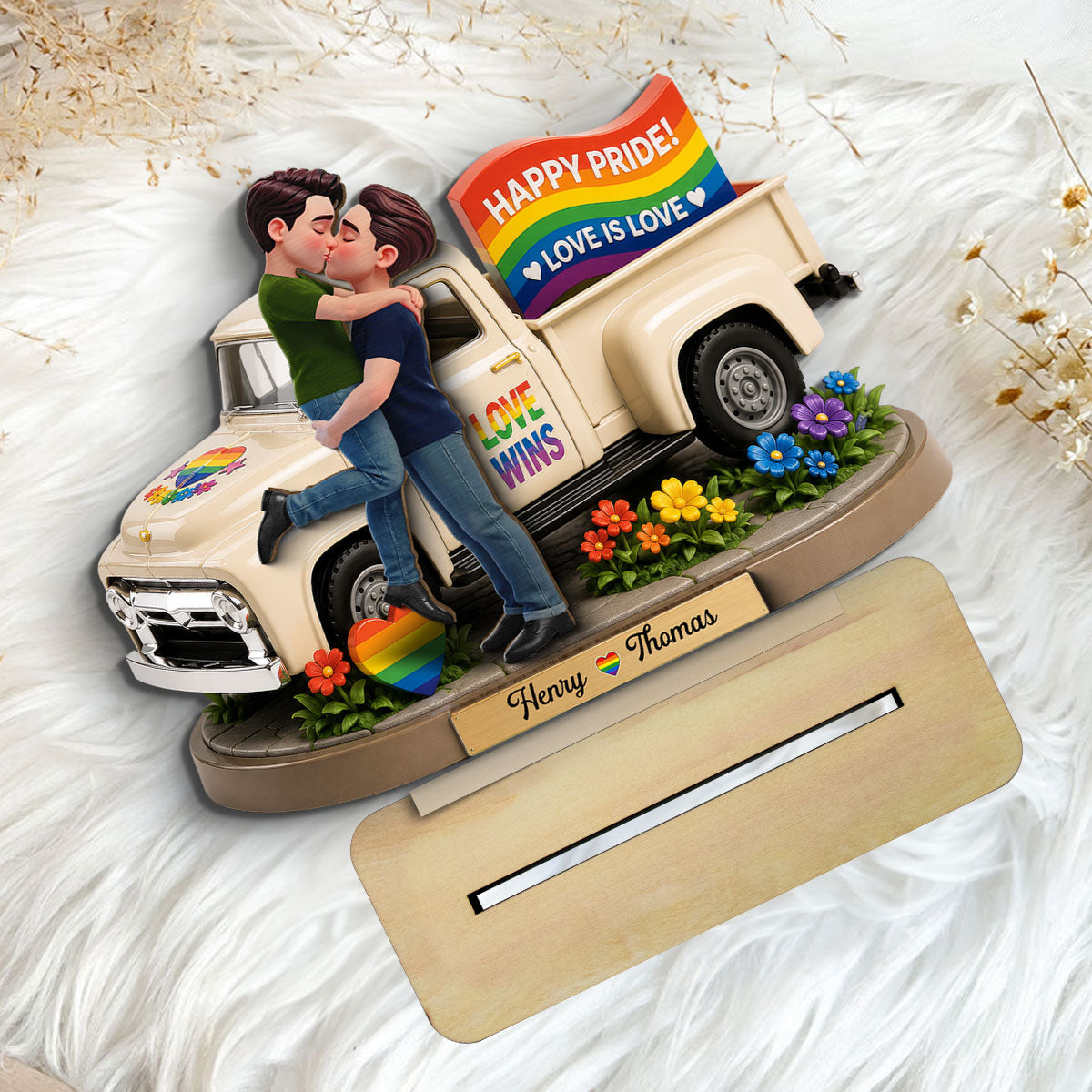 Love Is Love Couple Kissing By Truck 2D Flat - Personalized 2-Layered Wooden Plaque - Pride Month Keepsake