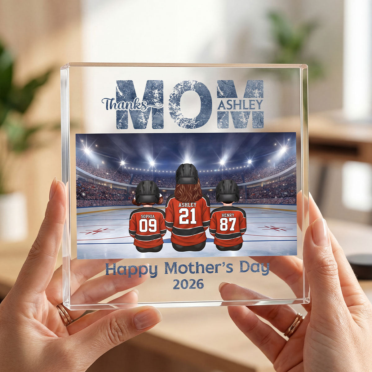 Thanks Mom Hockey Mom and Kids - Personalized Acrylic Block Plaque - Mother's Day Gift For Mom, Gift For Wife