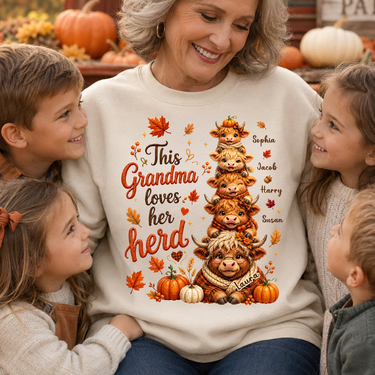 Grandma Grandkids Highland Cow Autumn - Personalized Shirt - Fall Season Gift, Gift For Grandma