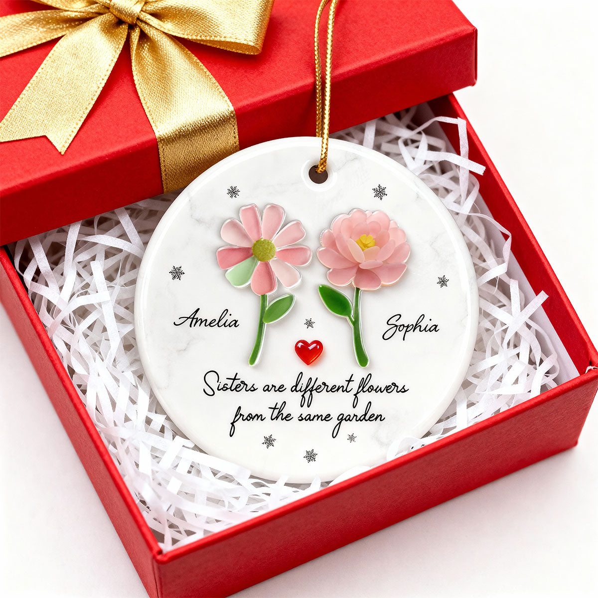 Sisters Are Different Flowers from the Same Garden, 3D Effect Sea Glass - Personalized Ceramic Ornament with Acrylic