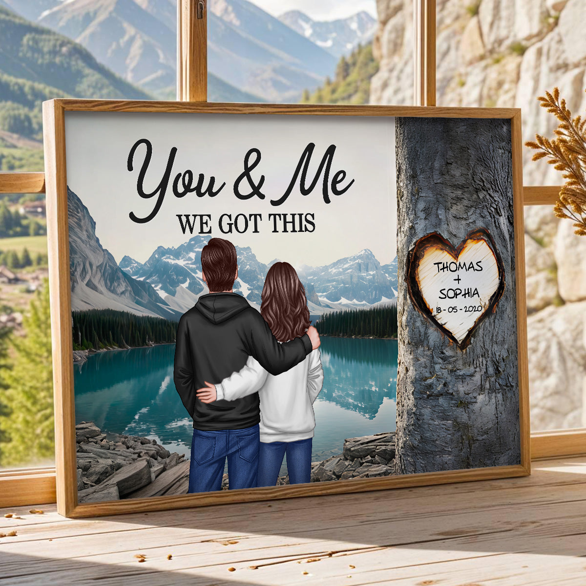 Couple Standing Back View Heart Carved Tree - Personalized Poster - Anniversary Gift, Valentine's Gift For Him, For Her