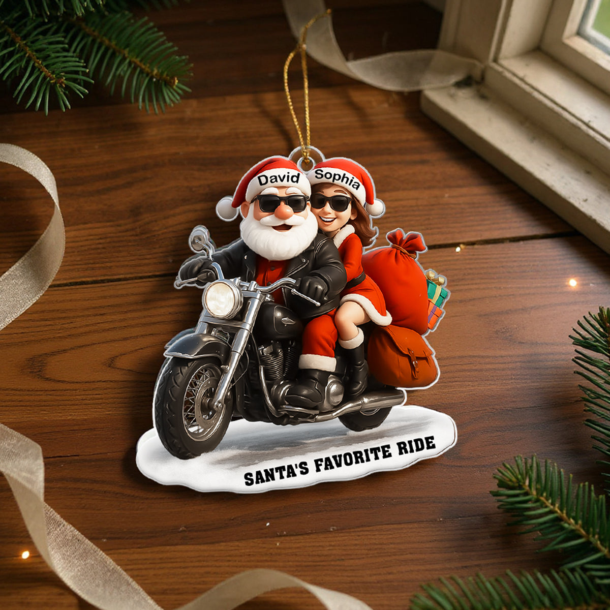 Bikers Santa Couple Riding Partners for Life - Personalized Acrylic Ornament - Gift for Him, Gift for Her