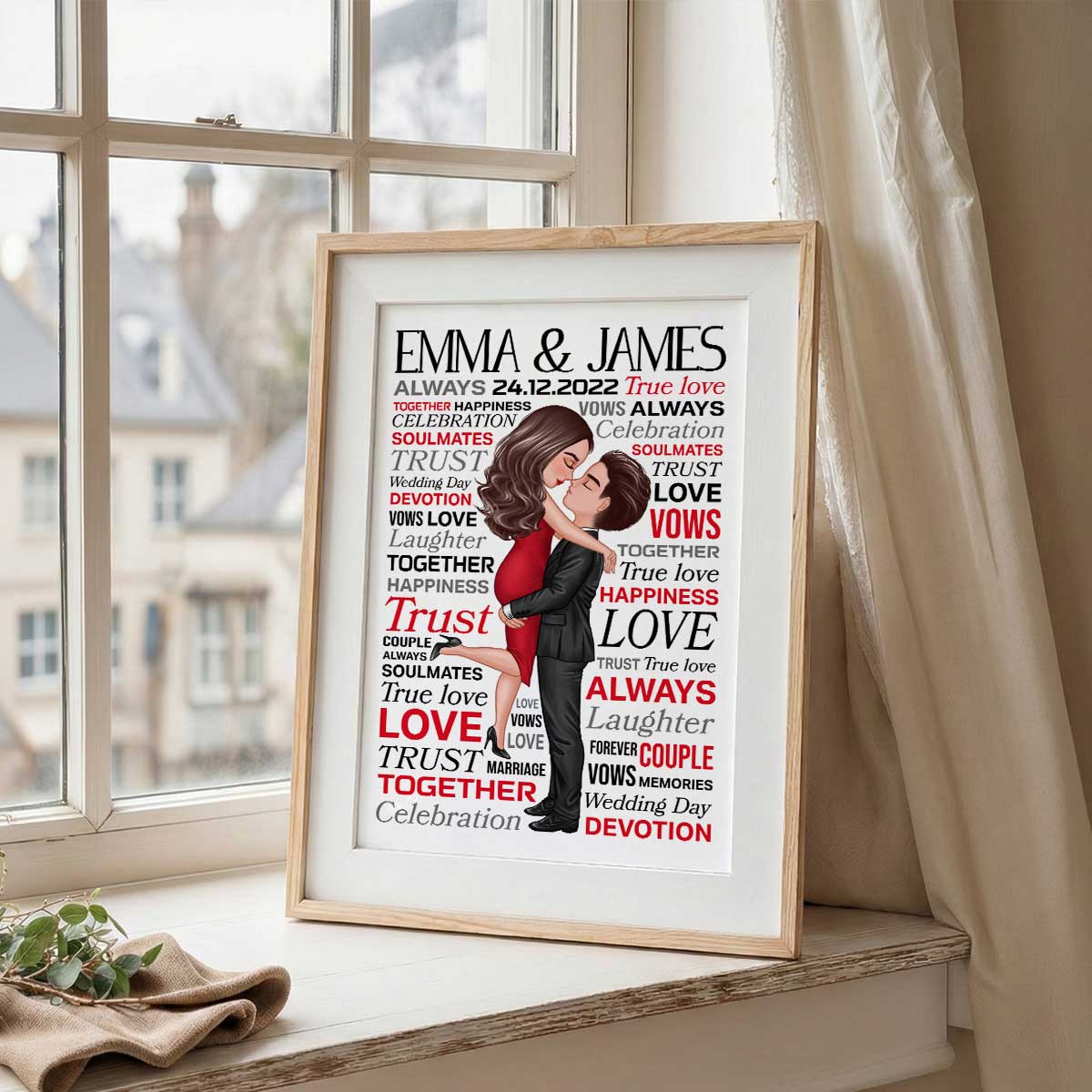 Typography Word Art Couple Hugging Kissing - Personalized Poster - Valentine's Day, Anniversary Gift For Her, Gift For Him