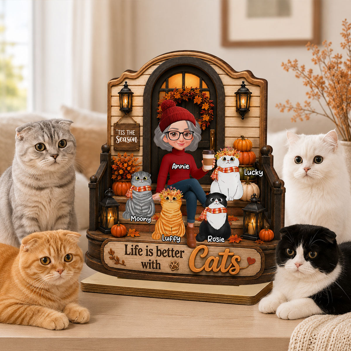 Life is Better with Cats - Personalized 2-Layered Wooden Plaque - Fall Decor for Cat Moms