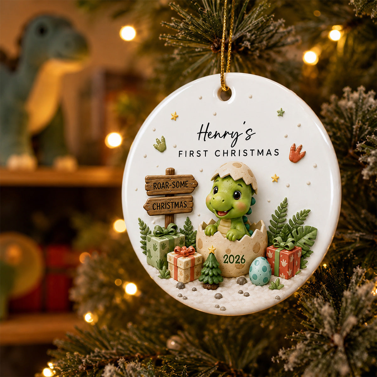 Baby Dinosaur First Christmas 2D Flat - Personalized Ceramic Ornament - Christmas Keepsake