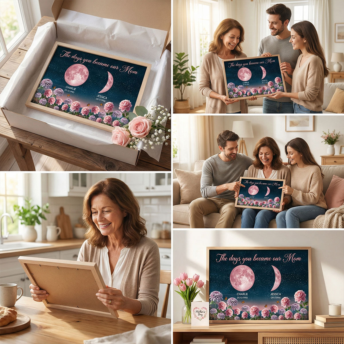 Birth Month Flowers The Day You Become Mum Grandma Custom Birth Moon Phase - Personalised Poster, Mother's Day Gift For Mum, Grandma