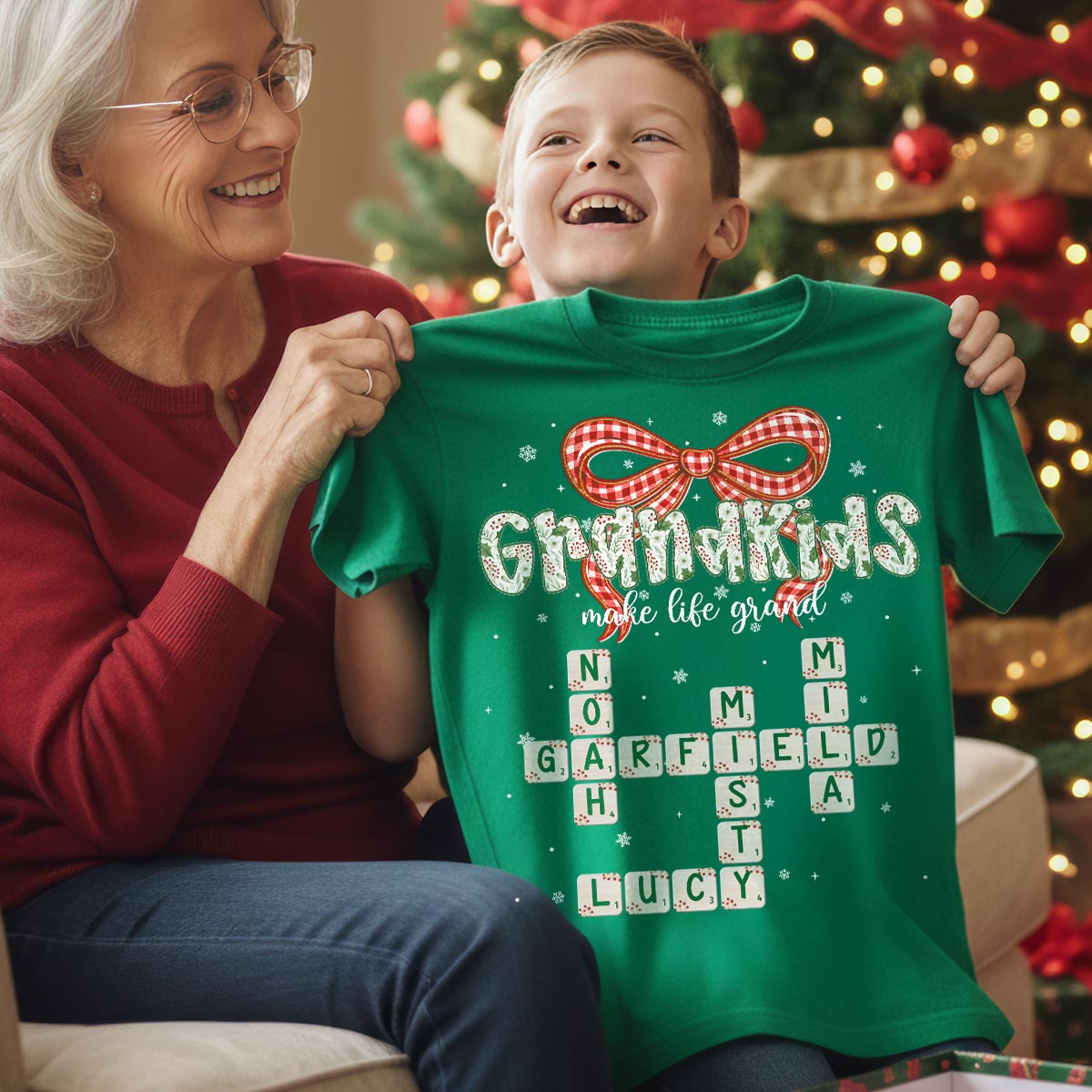 Grandkids Make Life Grand Coquette Floral Christmas Pattern Crossword Puzzle Art - Personalized Shirt