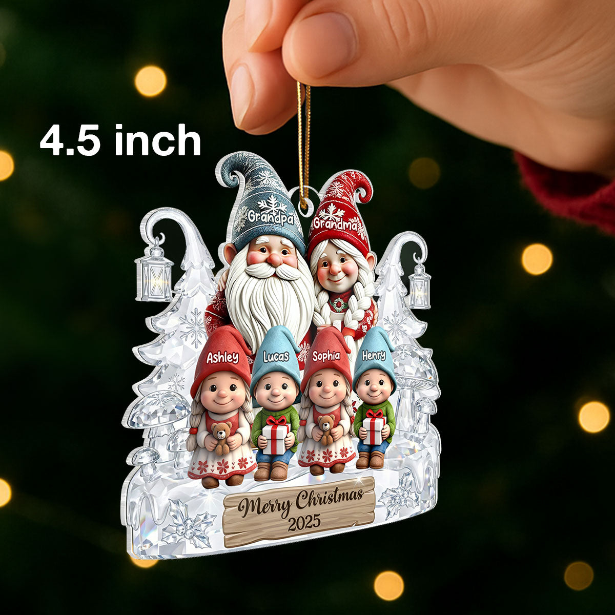 Grandpa Grandma And Grandkids Gnome Crystal Pattern - Personalized Acrylic Ornament - Heartwarming Christmas Gift For Grandma, Grandpa, Family