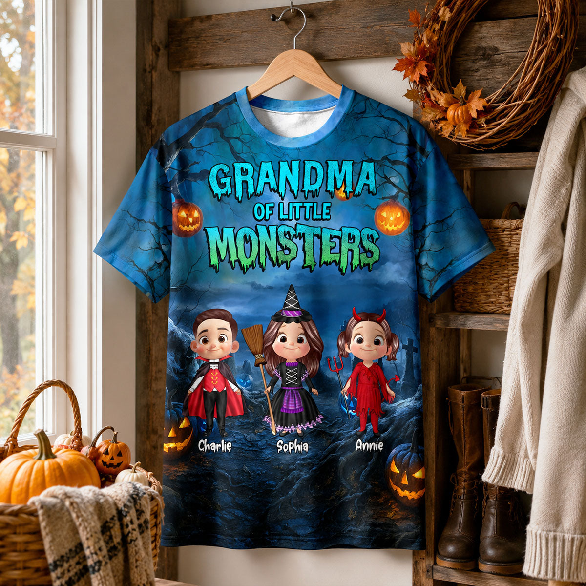 Halloween Night Grandma Grandkids Little Monsters - Personalized Shirt - Halloween Gift For Grandma